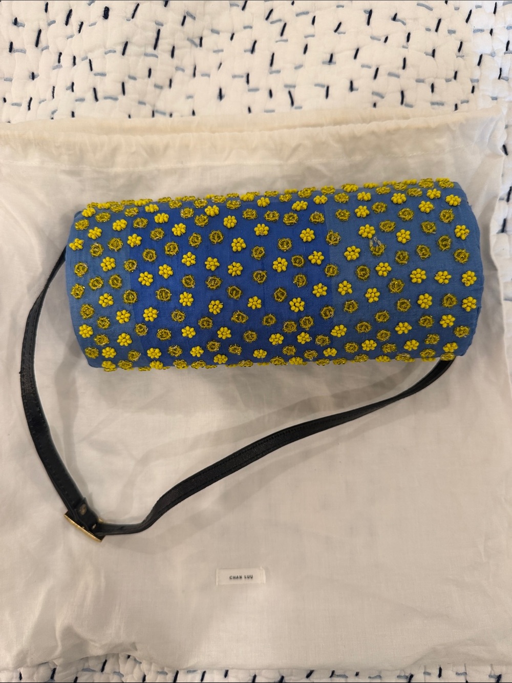 Chan Luu Blue Beaded Silk Embroidered Cylinder Clutch Bag - Picture 2 of 2